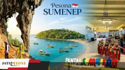 Foto kolase destinasi wisata Sumenep: Pulai Gili Iyang, Gili Labak, Pantai Sembilan Sembilan dan Keraton Sumenep.